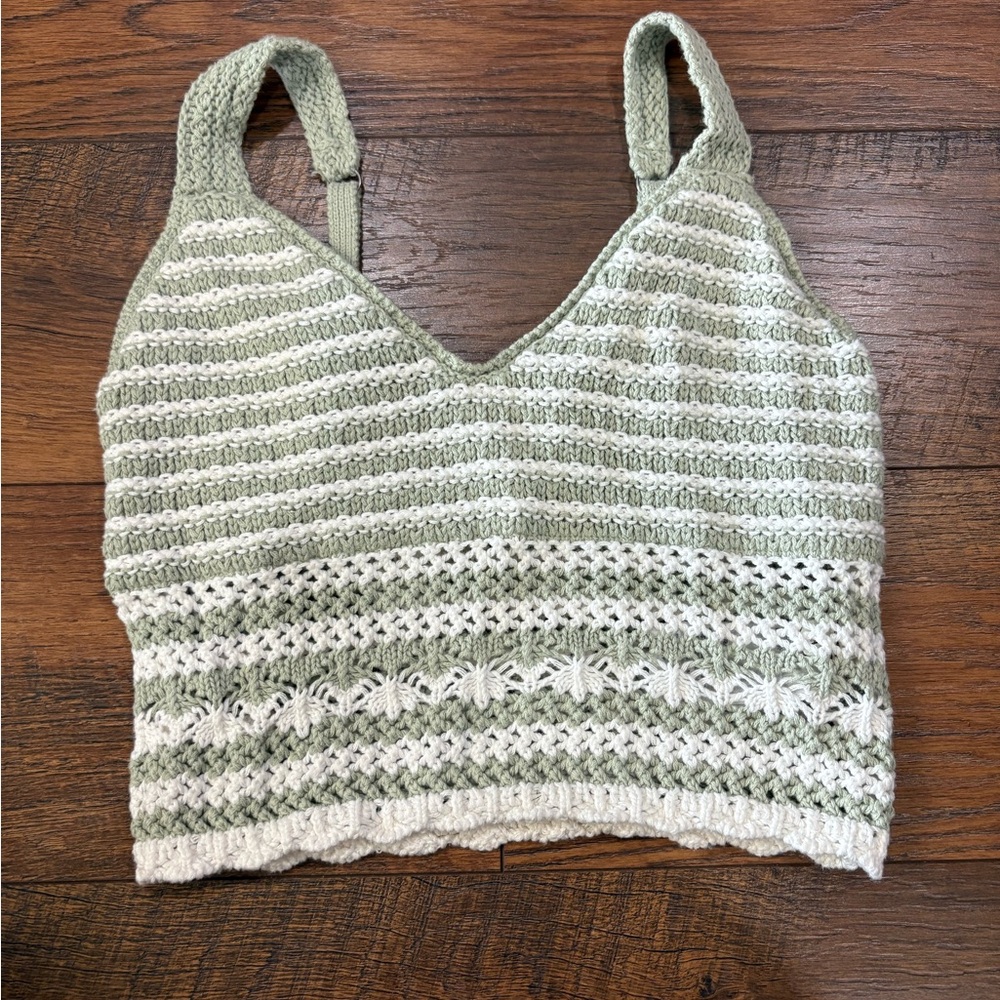 Hollister Green and White Crochet Knit crop Top adjustable xs